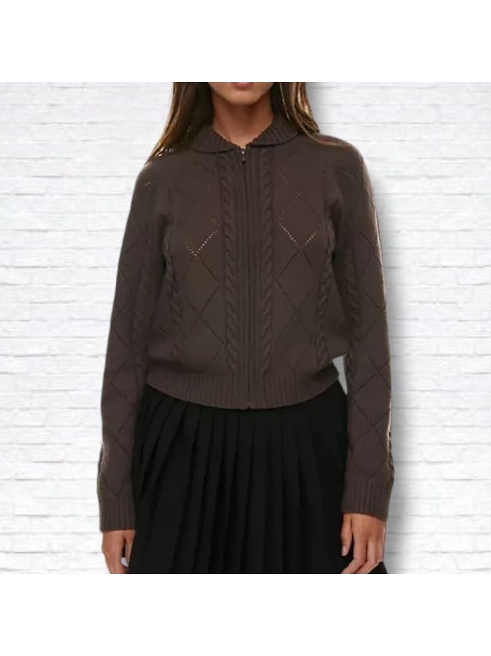 Aritzia Sunday Best "Gigi" Brown Cable Knit Collared Zip-Up Sweater Size 2XS
